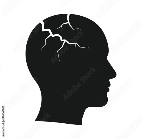 Black silhouette of a human head with cracks in the brain  mental health concept