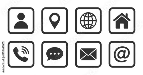 Contact us outline icon set vector, name address location phone number messenger postal address email symbols