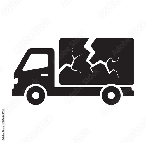 Black silhouette of a truck with cracked box on white background