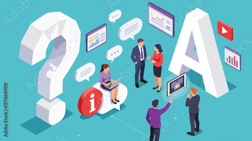 3D Isometric Business People Finding Solutions and Answers Concept Illustration