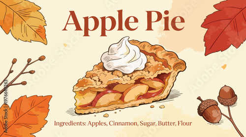 Autumn Apple Pie Slice with Whipped Cream Sketch Vector Illustration Background