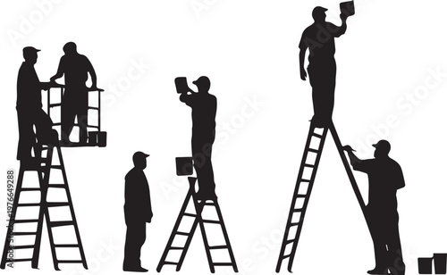 Professional maintenance crew silhouettes working together on ladder painting building exterior surface