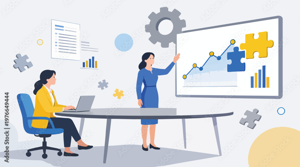 Fototapeta premium Business Presentation: Team Collaboration and Data Analysis with Jigsaw Puzzle