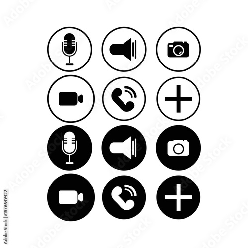 Media Control Icons Set – Microphone, Speaker, Camera, Call Buttons