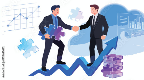 Business Partnership Success: Shaking Hands, Growth Graph, and Jigsaw Puzzle Solution