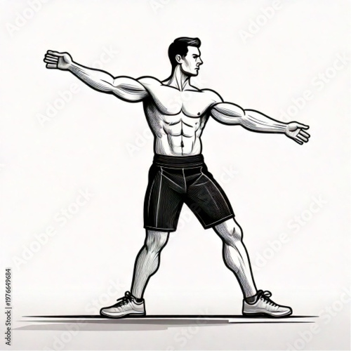 Muscular man performing a dynamic stretching exercise with arms outstretched.
