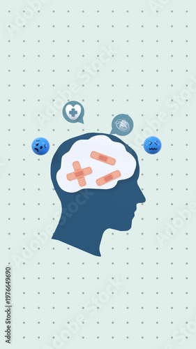 Animated Human Head Silhouette And Brain With Bandages In Vertical Video Format, Representing Mental Health, Recovery, Emotional Healing, Therapy, And Psychological Care Concepts.