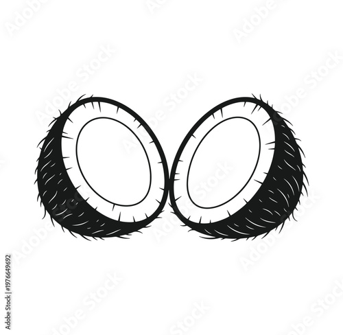 Coconut halves side by side showing fuzzy outer shell and white interior