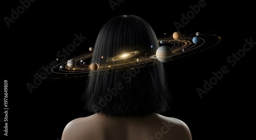 Conceptual Back View of Woman with Solar System Orbiting Her Head 