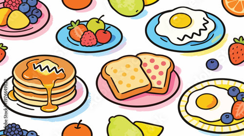 Colorful Breakfast Food Set Doodle Illustration with Pancakes, Eggs, and Fruit