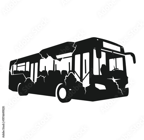 Cracked bus silhouette with broken lines and damaged surface