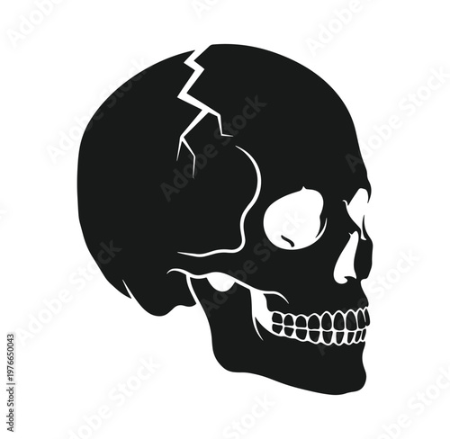 Cracked human skull icon in black silhouette on white background
