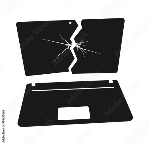 Cracked laptop screen icon with broken glass effect on monitor display  damaged computer symbol