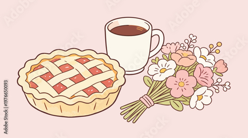 Cozy Coffee Cup with Fresh Cherry Pie and Flower Bouquet Doodle Vector Illustration
