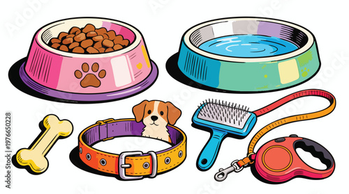 Cute Cartoon Style Pet Care Set with Food, Water, Toys, and Grooming Tools.
