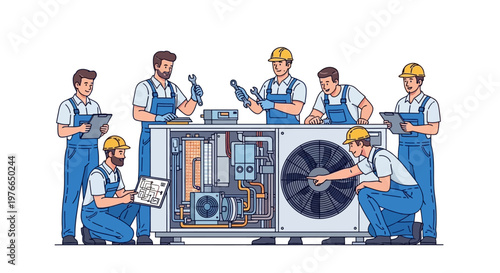 A team of HVAC technicians in blue overalls performing air conditioner repair service and cleaning AC unit, depicted in a maintenance worker vector illustration on a white background