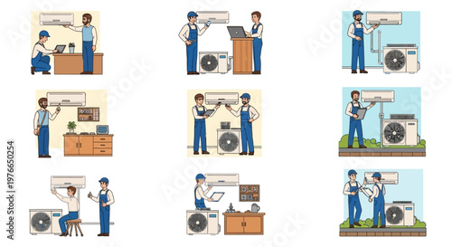 Illustrated HVAC technicians providing air conditioner cleaning service, with one AC service worker maintaining an AC unit, while another examines a cooling system, all rendered as cartoon