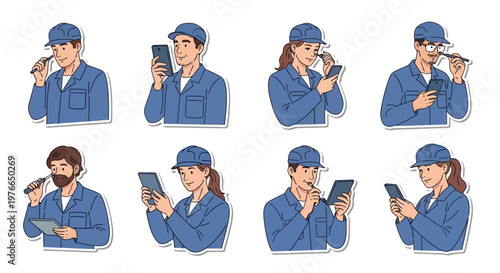 A diverse set of HVAC technician cartoon vector illustrations depicts air conditioning service workers in blue uniforms using smartphones and tablets for AC repair service, with a focus