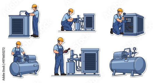 HVAC technician illustrations show air conditioning service workers performing maintenance on AC units, in a cartoon style with clean lines, set against a white background, depicting