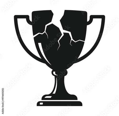 Cracked trophy cup icon in black silhouette on white background