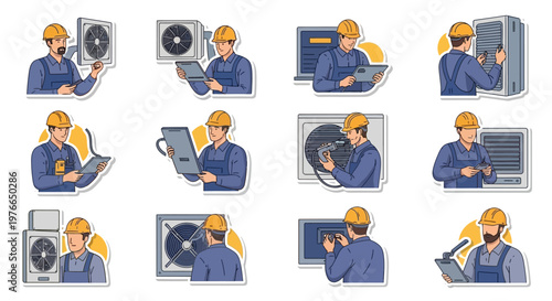 Collection of cartoon illustrations showing an HVAC technician in a yellow hardhat performing air conditioner repair service and AC servicing, using tools to clean AC units against a white