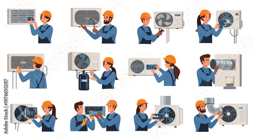 Set of flat vector illustrations depicting HVAC technicians in a cartoon style, performing air conditioner repair services and cleaning AC units, emphasizing cooling system maintenance