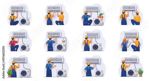 Collection of vector illustrations showing an HVAC technician cartoon character performing air conditioner repair service and cooling system maintenance, with a professional cleaner AC unit