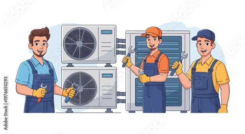 A vector illustration shows three cheerful HVAC technicians offering air conditioner repair service and HVAC maintenance, holding wrenches, against a bright white background in a cartoon
