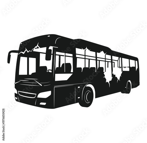 Damaged city transit bus with broken windows and cracked windshield on white
