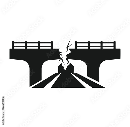 Damaged bridge over railway tracks with cracked road surface and broken infrastructure