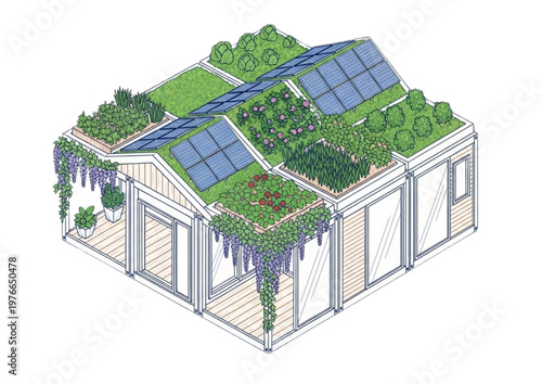 Sustainable Modern House with Green Roof, Solar Panels, and Lush Gardens in Isometric View