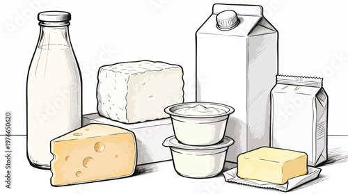 Detailed Dairy Products Outline Sketch with Milk Bottle, Cheese, Yogurt and Butter