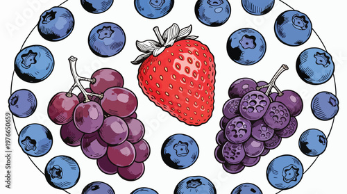 Detailed Hand-Drawn Berry Collection with Strawberry, Blueberries, and Grapes