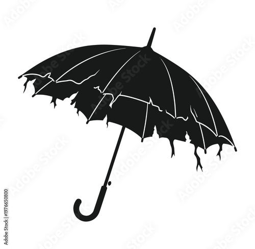 Ripped and torn black umbrella silhouette on white background