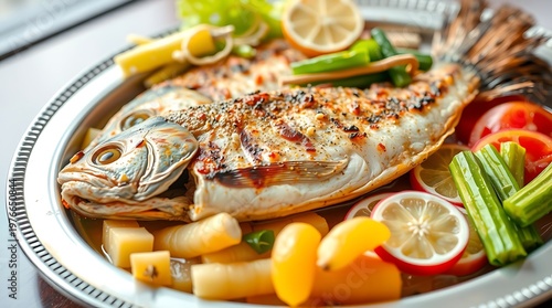 Iraqi masgouf grilled fish presented on large silver tray with pickled vegetables, isolated food scene, natural light