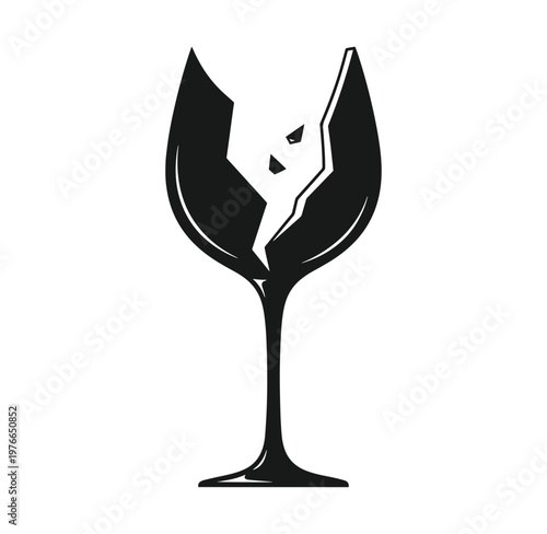 Shattered wine glass silhouette on white background