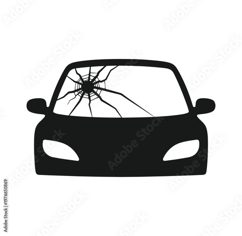 Silhouette of a car with a cracked windshield on white background