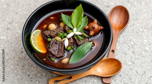 Isolated bowl of Rawon, black beef soup with keluak nuts, garnished with kaffir lime leaves and scallions, wooden spoon beside the bowl on textured stone surface