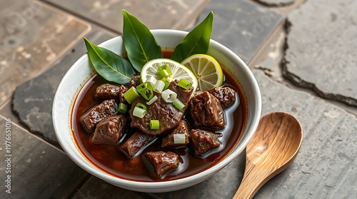 Isolated bowl of Rawon, black beef soup with keluak nuts, garnished with kaffir lime leaves and scallions, wooden spoon beside the bowl on textured stone surface
