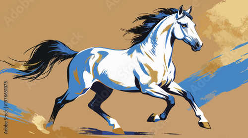 Dynamic Stylized Galloping White Horse with Blue and Gold Accents Art