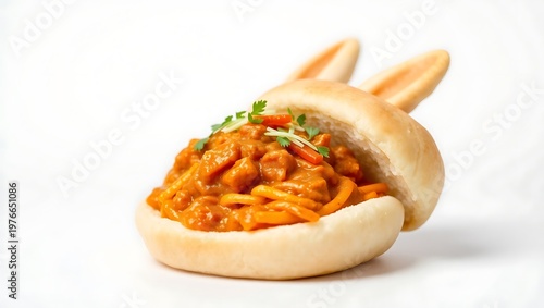 Isolated bunny chow on white background, clean studio lighting, bread texture and curry detail emphasized, high-resolution image for menu design or product listing