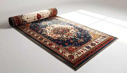 Rolled up oriental design rug.