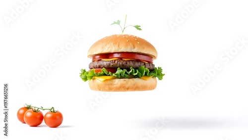 Isolated hamburger on white background, front view, fresh ingredients in focus, floating ingredient style with each layer suspended mid-air