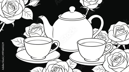 Elegant Tea Set Outline Illustration with Teapot, Cups, and Blooming Roses