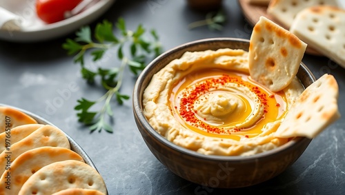 Hummus in shallow bowl with olive oil drizzle and paprika, pita wedges arranged — clean backdrop
