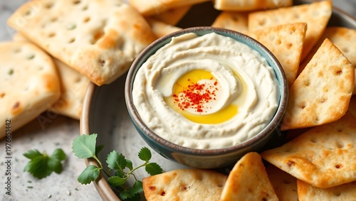 Hummus in shallow bowl with olive oil drizzle and paprika, pita wedges arranged — clean backdrop