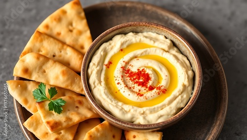 Hummus in shallow bowl with olive oil drizzle and paprika, pita wedges arranged — clean backdrop