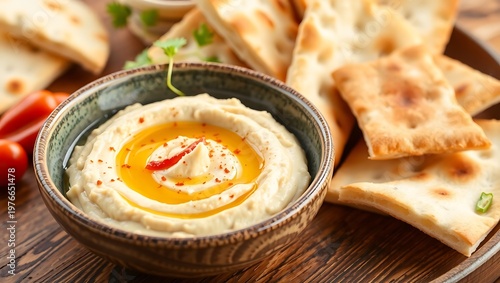 Hummus in shallow bowl with olive oil drizzle and paprika, pita wedges arranged — clean backdrop