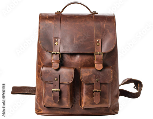 Vintage brown distressed leather backpack with buckle details