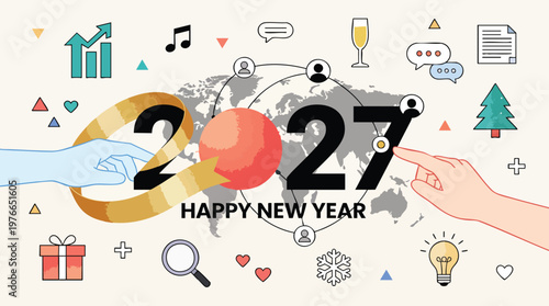 Global Connections and Human Interaction Celebrating Happy New Year 2027 with Icons and Maps